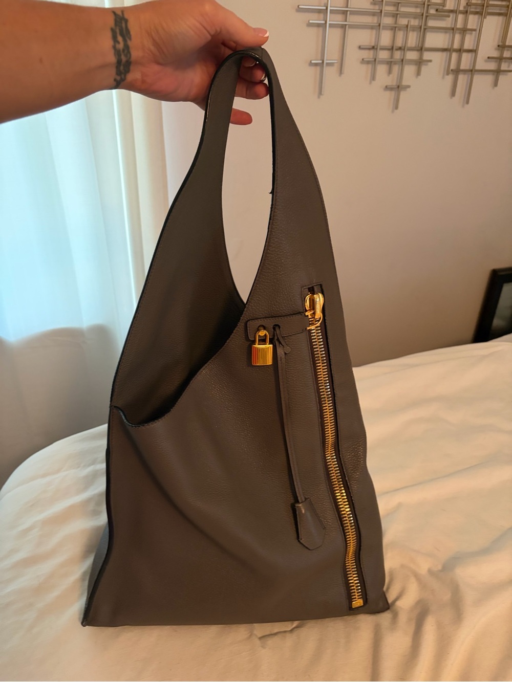 Authentic Tom Ford Gray Pebbled Leather Shoulder Tote with Gold Hardware